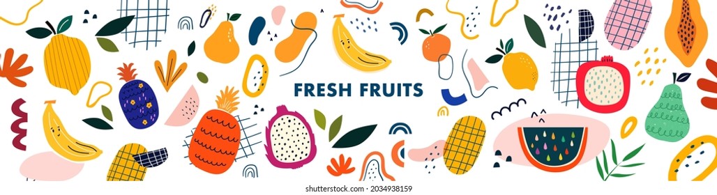 Fresh stylish template with abstract elements, doodles and fruits.