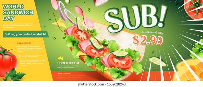 Fresh submarine sandwich ads with rich vegetables on green background in 3d illustration