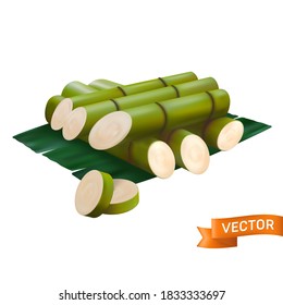 Fresh sugar cane cut with green chunks, sliced and stacked on top of each other. Vector illustration in a 3D mesh realistic style isolated on a white background