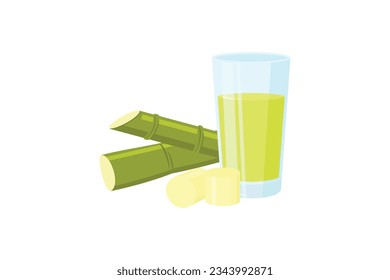 Fresh sugar cane juice with sliced sugar cane isolated on white background.