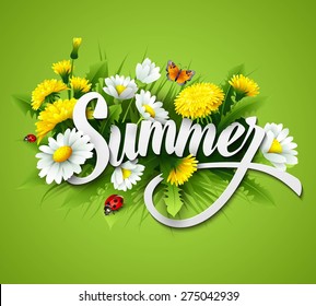 Fresh summer background with grass, dandelions and daisies 