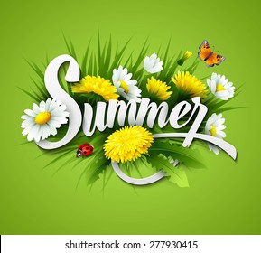Fresh summer background with grass, dandelions and daisies EPS 10.