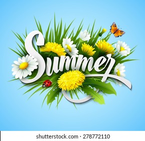 Fresh summer background with grass, dandelions and daisies EPS 10