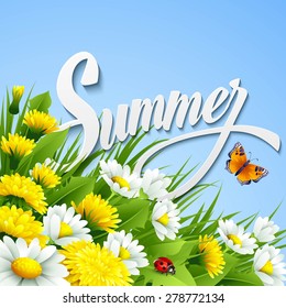 Fresh summer background with grass, dandelions and daisies EPS 10