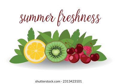 Fresh summer berries and fruits on a green background. Raspberry, cherry, kiwi, orange.
