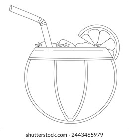 Fresh summer cocktail in coconut with mint and straw for party or vacation, black outline in white background