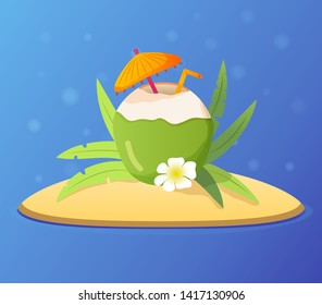 Fresh summer cocktail of coconuts.Tropical island with palm leaves.On the sandy beach rest.Exotic drink coconut water with an umbrella and a straw.Flat vector illustration.Green coconut.