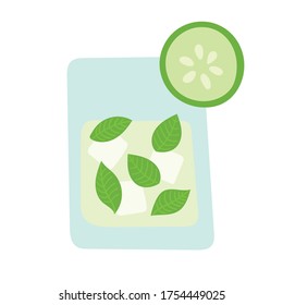 Fresh summer cocktail. Cucumber drink with ice and mint leaves in a glass on a white background. Relax on the beach, vacation at sea. Party with alcoholic drinks. Vector isolated doodle illustration.
