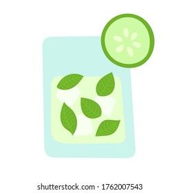 Fresh summer cocktail. Cucumber drink with ice and mint leaves in a glass on a white background. Relax on the beach, vacation at sea. Party with alcoholic drinks. Vector isolated doodle illustration.