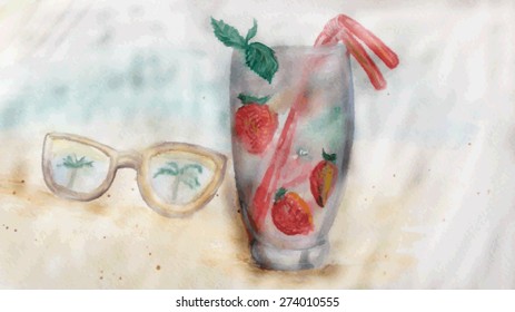 Fresh summer cocktail on the beach. Blur beach on background. Watercolor strawberry mohito.
