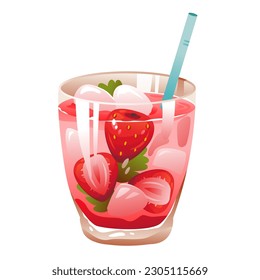 Fresh summer cocktail with strawberries and ice cubes. Strawberry soda. Cartoon vector illustration.
