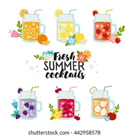 Fresh summer cocktails. Lemonade and juices collection. Summer ice fruit drinks in jugs with lemon, apples, blackberry, cherry, orange and strawberry. Typography with flowers.