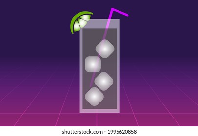 Fresh summer drink with ice cubes on a pink cyberpunk grid background. 1980 retrowave style vector illustration