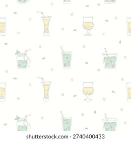 Fresh Summer Drink Lemonade Seamless Pattern. Refreshing Mint Green and Yellow Cocktail in Drinking Glasses with Ice Cubes on White Background. Minimalist Square template. Vector Illustration