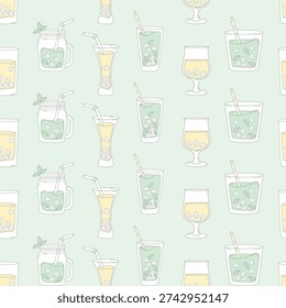 Fresh Summer Drink Lemonade Seamless Pattern. Refreshing Mint Cocktail Drinking Glasses with Ice Cubes on light Green Background. Minimalist Square template Drawing. Vector Illustration