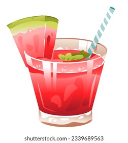 Fresh summer drink with a slice of watermelon, mint and ice. Watermelony soda. Cartoon vector illustration.
