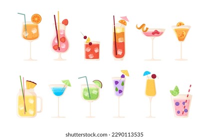 Fresh summer drinks, lemonade juice and cocktail. Party beverages menu cartoon icons. Pool or beach bar, fresh drinking snugly vector graphic