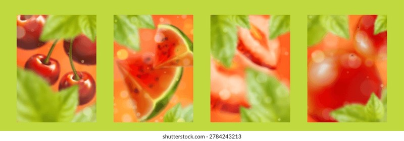 Fresh summer fruit backgrounds with vibrant gradient and blurred texture, realistic vector posters. Set of illustrations of juicy strawberry, cherry, and watermelon with green leaves for cover design
