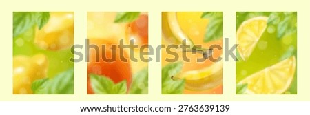 Fresh summer fruit backgrounds with vibrant gradient and blurred texture, realistic vector posters. Set of illustrations of juicy lemon, orange and banana with green leaves for cover or banner design