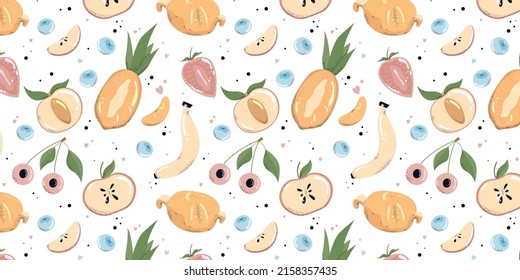Fresh summer fruit pattern.Tropical and homemade fruits and berries doodle seamless pattern. Vegan food, healthy eating, health care. Cute colorful illustration, vector seamless pattern.