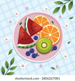 Fresh Summer Fruit Platter Vector Illustration with Watermelon, Orange, Kiwi and Blueberries on Picnic Plaid Background