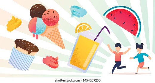 Fresh Summer Fruit, Sweets and Happy Children Set. Cake, Ice Cream, Watermelon and Orange Slice, Juice. Cheerful Kids, Boy and Girl, Brother and Sister. Vector Flat Cartoon Illustration