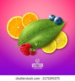 Fresh summer fruits. Food concept on purple background.