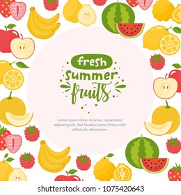 Fresh summer fruits. Frame with different healthy fruits - watermelon. lemon, strawberry, pear, apple. Vegan and organic food, eco food, proper nutrition. Place for your text.
