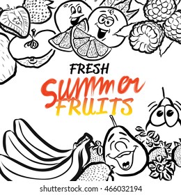 Fresh Summer Fruits Sketch Composition Design, Hand drawn Vector Outline Artwork