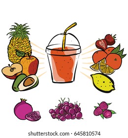Fresh Summer Fruits and Smoothie to Go, Colored Artwork separated on White, Fresh Food Collection, Handdrawn Clean Summer Sketch