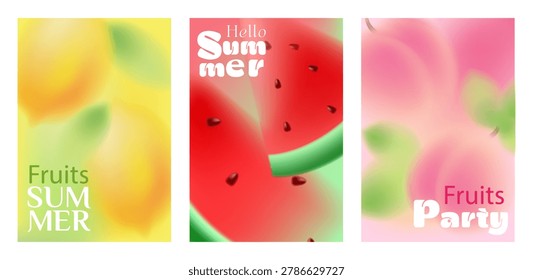 Fresh summer gradient background with blurred fruit images, soft colorful elements of watermelon, lemon and peach, modern minimalistic vector illustration for cards and banners