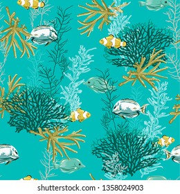 Fresh summer Hand drawn nautical sea treasure animal and coral seamless pattern prints vector design for fashion,fabric,web wallpaper and all prints on monotone green background