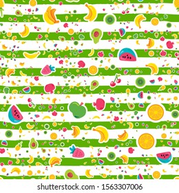 Fresh Summer Juicy Fruit Painted Seamless Pattern. Fun Kid Style Wallpaper with Striped Background. Colorful Berry, Citruc Icon Print. Repeat Art Backdrop. Flat Cartoon Vector Illustration