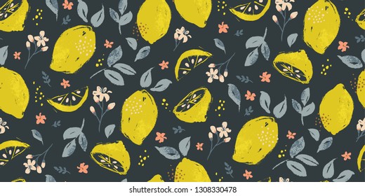 Fresh summer lemon citrus fruit seamless pattern background with pink blossoms, navy blue and yellow colours