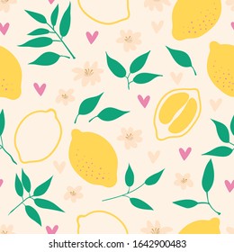 Fresh summer lemon citrus fruit seamless pattern background. Bright print for fabric, wallpaper, design, party paper. Scandinavian doodle style. Vector illustration.