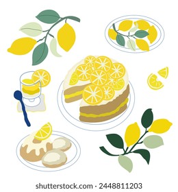 Fresh summer lemon drinks and lemon cakes vector set, fresh cold lemonade with mint and lemon wedges in a decanter, flat lemon cake and pastries