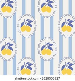 Fresh summer lemon seamless pattern design. Vintage lemon pattern with blue stripes for tablecloths, textile, backgrounds, presentations, wrapping papers, prints, artworks.