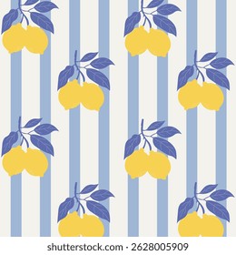 Fresh summer lemon seamless pattern design. Vintage lemon pattern with blue stripes for tablecloths, textile, backgrounds, presentations, wrapping papers, prints, artworks.