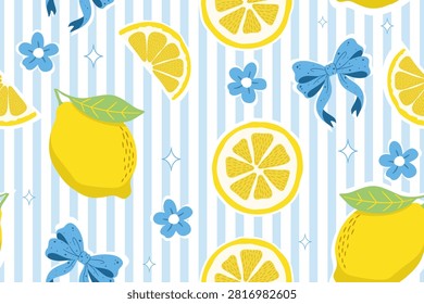 Fresh summer lemon seamless pattern with juicy citrus slices blue bows flowers striped background and cheerful botanical fruit illustration