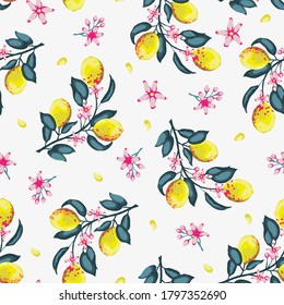 Fresh Summer Lemons Branches Vector Seamless Pattern