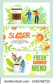 Fresh Summer Menu Horizontal Banners Set with Hot Drinks, Young Couple and Floral Ornament with Green Branches, Leaves with Orange Slices. Holiday Cartoon Flat Vector Illustration, Flyer, Invitation