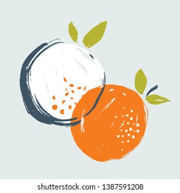 Fresh summer orange fruit vector artwork in a hand painted rustic abstract brush stroke sketch style