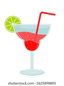 Fresh Summer Pink Cocktail with Slice of Lime isolated on White background vector illustration