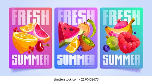 Fresh summer posters with fruit slices and berries. Vector promotion banners, advertising flyers with cartoon illustration of banana, watermelon, orange, apricot, kiwi and blueberry