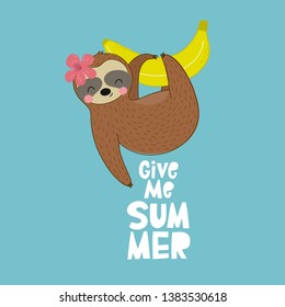 Fresh summer print with cute vector Sloth. Hot print with t-shirt. Tropical sloth on on vacation.