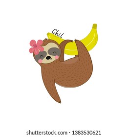Fresh summer print with cute vector Sloth. Hot print with t-shirt. Tropical sloth on on vacation.