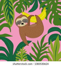 Fresh summer print with cute vector Sloth. Hot print with t-shirt. Tropical sloth on on vacation.