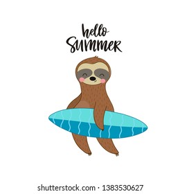 Fresh summer print with cute vector Sloth. Hot print with t-shirt. Tropical sloth on on vacation.