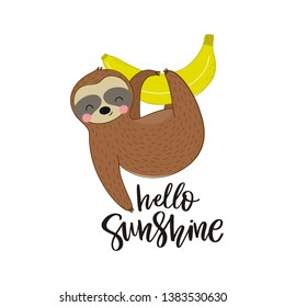 Fresh summer print with cute vector Sloth. Hot print with t-shirt. Tropical sloth on on vacation.