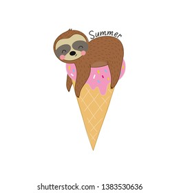 Fresh summer print with cute vector Sloth. Hot print with t-shirt. Tropical sloth on on vacation.